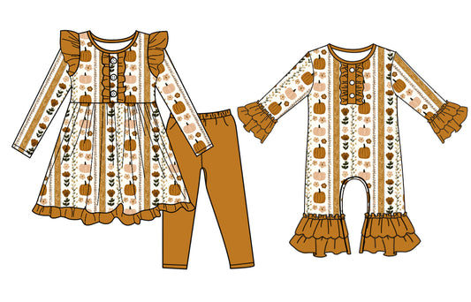 25.7.8 custom each style moq 5eta 4-6week Sibling Sister pumpkin baby girl long sleeve pants sets and rompers match family design