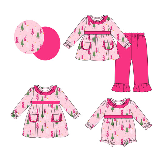 25.8.2 custom each style moq 5eta 4-6week Sibling Sisters Christmas trees pink baby girl long sleeve pants sets and dress and rompers match family design
