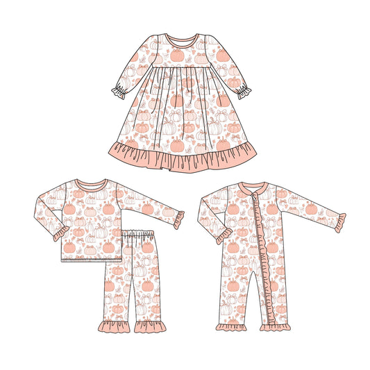 25.6.16 custom each style moq 5eta 4-6week Sibling Sisters pumpkin baby girl long sleeve pants sets and dress and rompers match family design