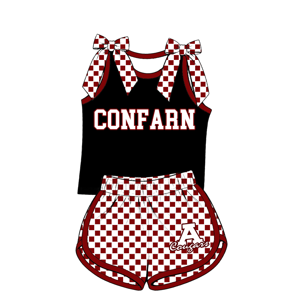 custom moq 5 mix size MSD070607 Baby Girls Checked Bow Sleeveless Tank Top And Checked Elastic Waist Shorts Set