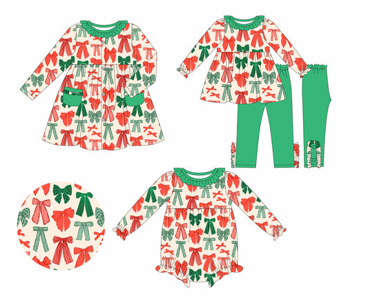 25.5.21 custom each style moq 5eta 4-6week Sibling Sisters Christmas bow baby girl long sleeve pants sets and dress and rompers match family design