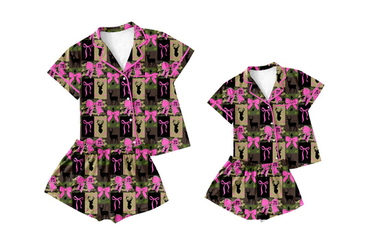 25.10.31 custom each style moq 5 eta 6-8week Sibling Sister bow camouflage short sleeve shorts sets and adult set match design