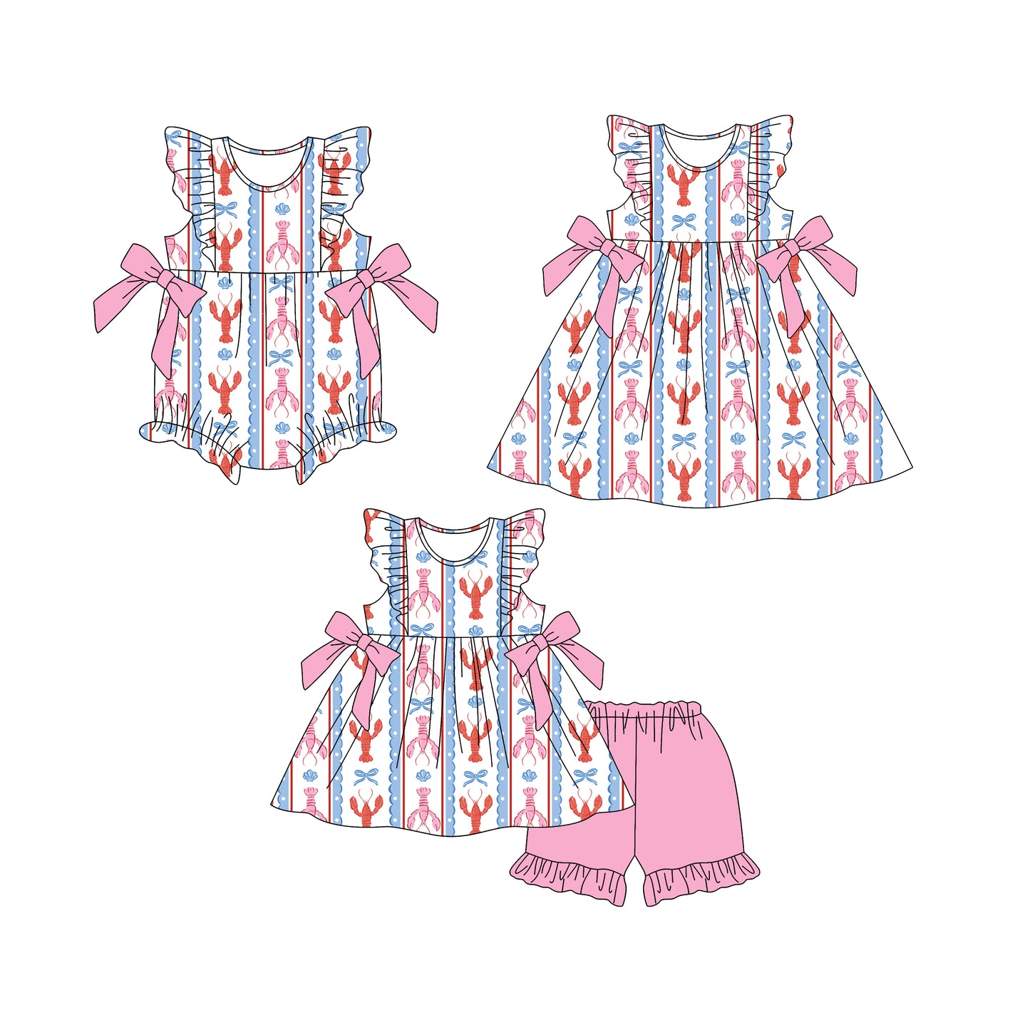 25.12.29 custom each style moq 5 eta 6-8week Sibling Sister lobster bow baby short sleeve shorts sets and romper and dress match design