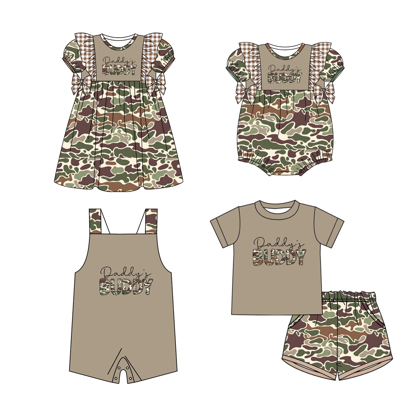 11.21 custom each style moq 5eta 4-6week Sibling Sister DADDY BUDDY camouflage baby boy short sleeve shorts sets and girls romper and boy romper and dress match design