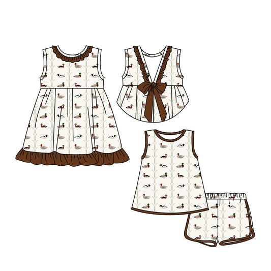 3.18 custom each style moq 5eta 4-6week Sibling Sister duck baby girl short sleeve shorts sets and dresses match design