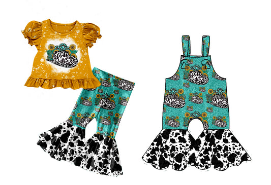 25.10.9 custom each style moq 8 eta 6-8week Sibling Sisters cow pattern love baby girl short sleeve shorts sets and jumpsuit match family design