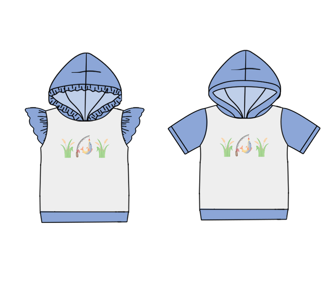 25.10.30 custom each style moq 8 eta 6-8week Sibling Sisters fishing baby girl hooded short sleeve top 2 match family design