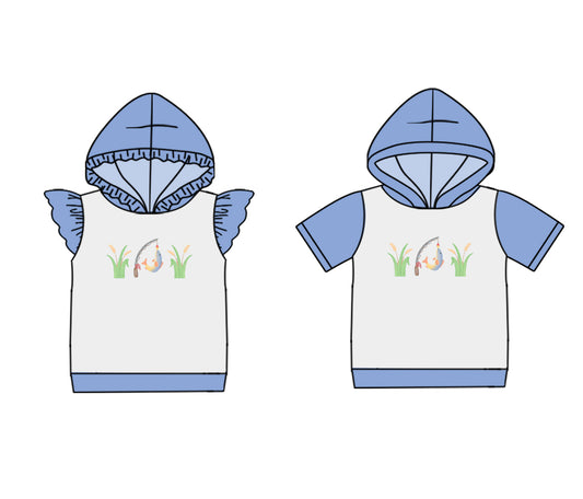 25.10.30 custom each style moq 8 eta 6-8week Sibling Sisters fishing baby girl hooded short sleeve top 2 match family design