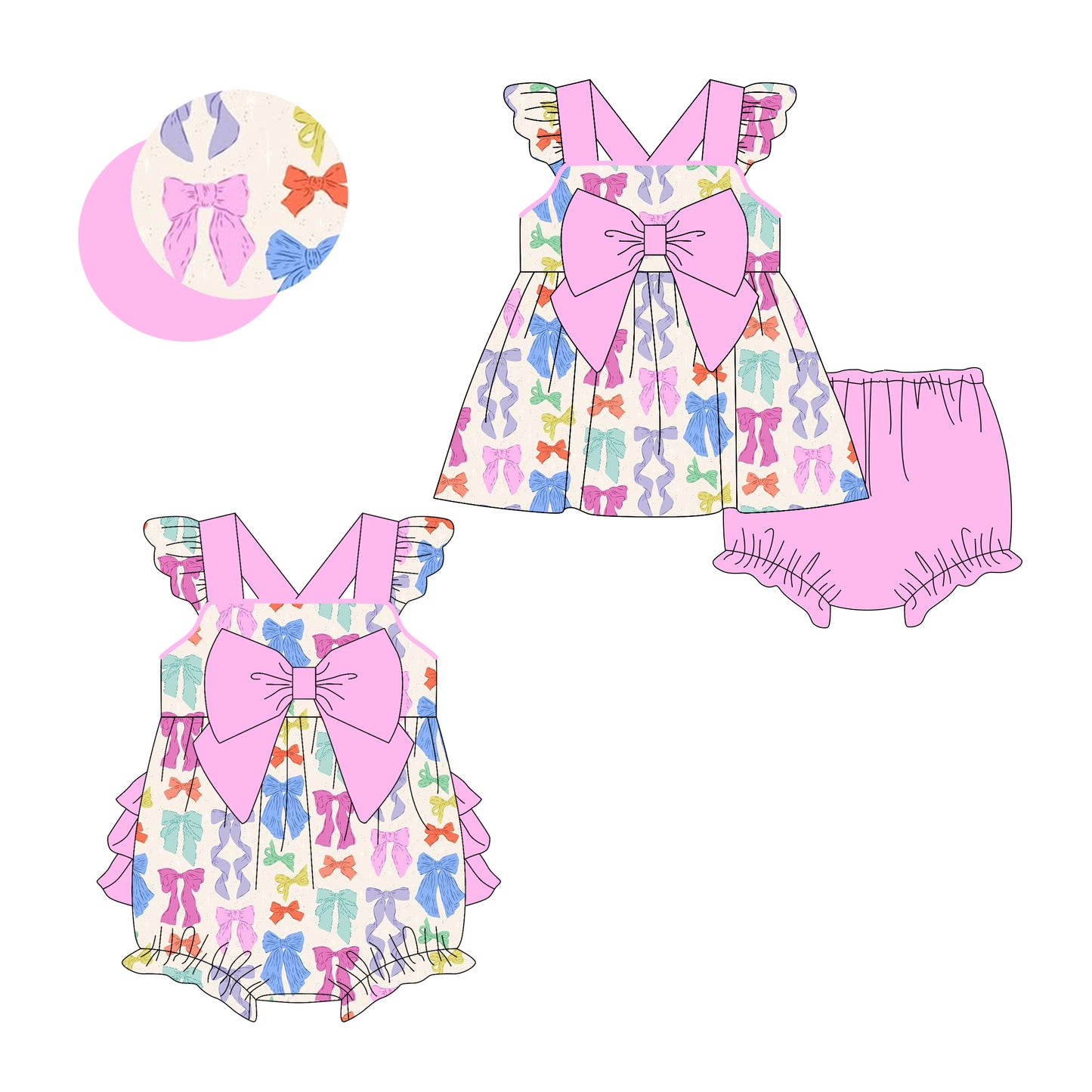 3.11 custom each style moq 5eta 4-6week Sibling Sister bow baby girl short sleeve shorts sets and romper match design