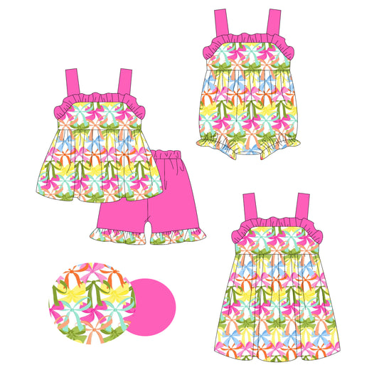 3.12 custom each style moq 5eta 4-6week Sibling Sisters bow baby girl short sleeve shorts sets and dress and rompers match family design