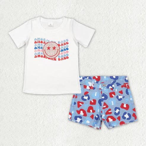 RTS NO MOQ Sibling Baby Girls 4th of July Outfit Set Top with Denim Pockets Shorts Clothing