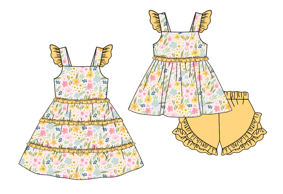 11.9 custom each style moq 5eta 4-6week Sibling Sister flower baby girl short sleeve shorts sets and dresses match design