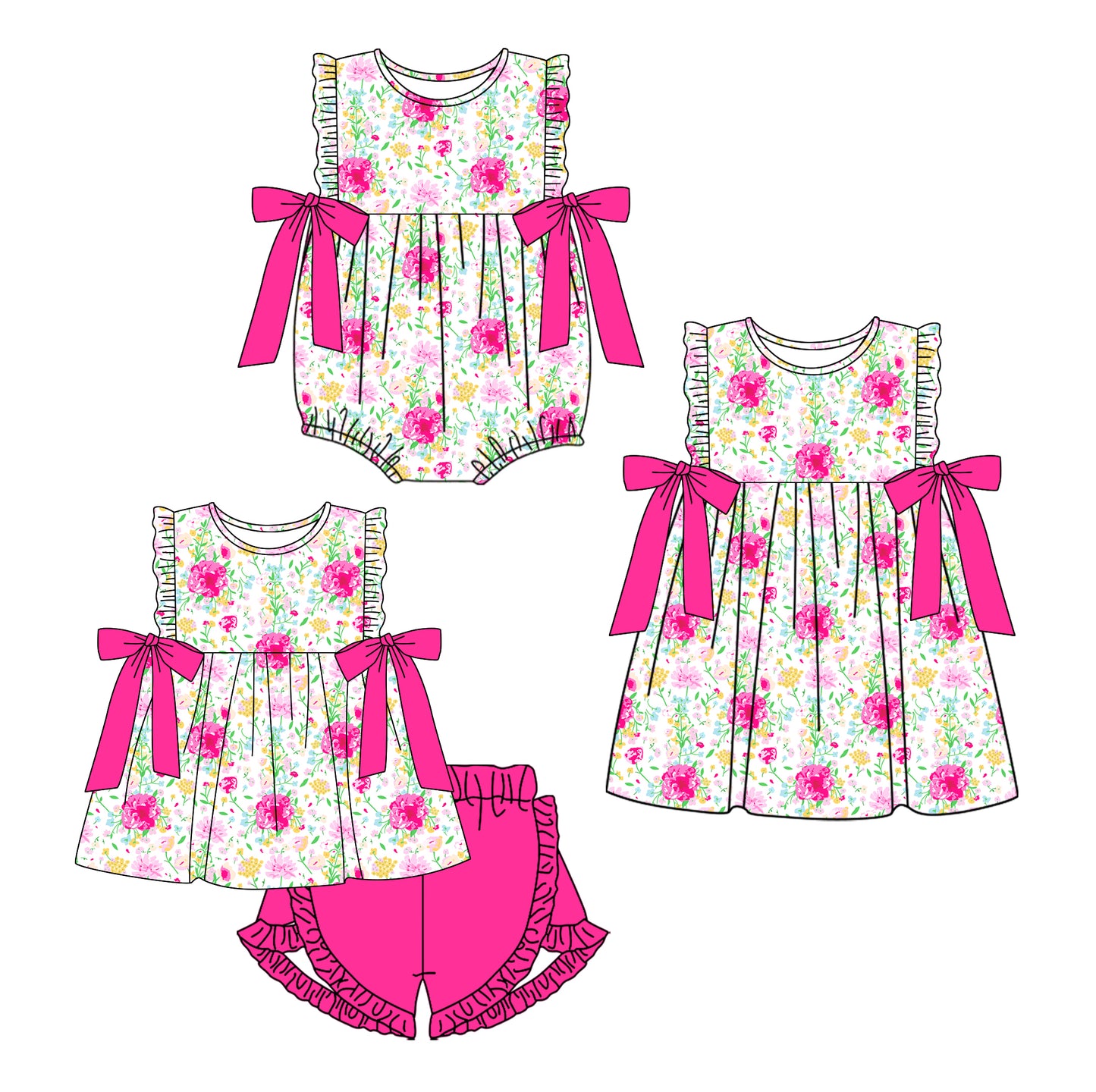 11.19 custom each style moq 5eta 4-6week Sibling Sister floral baby girl short sleeve shorts sets and dress and rompers match family design