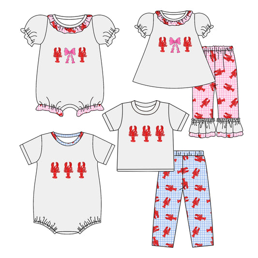 25.10.11 custom each style moq 5 eta 6-8week Sibling Sister lobster bow baby short sleeve pants sets 2 and romper 2 match design