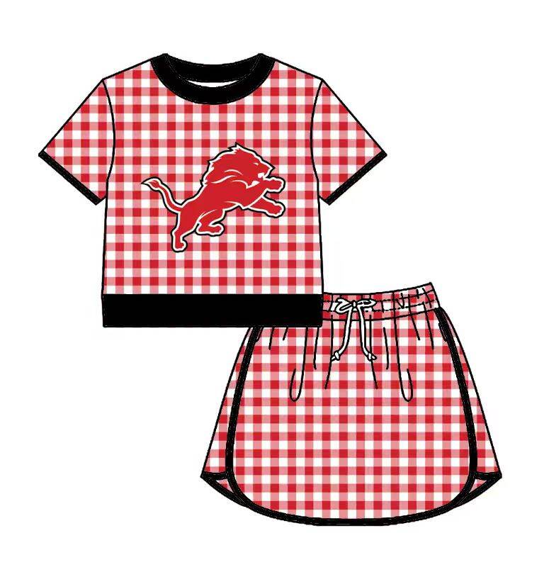 Custom moq 5 mix size milk silk summer teams Baby Girls Red Plaid Short Sleeve Top Skirt Two Piece Set
