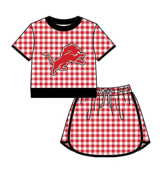 Custom moq 5 mix size milk silk summer teams Baby Girls Red Plaid Short Sleeve Top Skirt Two Piece Set