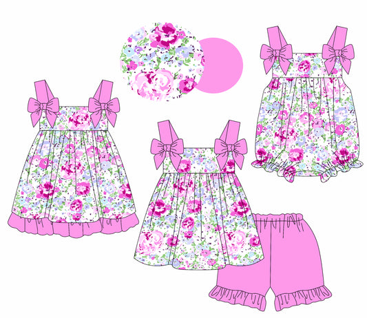 2.28 custom each style moq 5eta 4-6week Sibling Sister floral baby girl short sleeve shorts sets and dress and rompers match family design