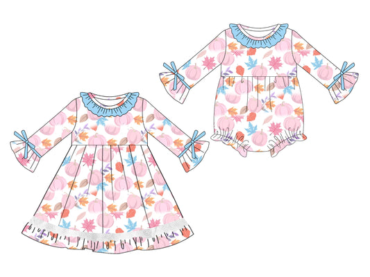 25.5.12 custom each style moq 5eta 4-6week Sibling Sisters pumpkin baby girl long sleeve dress and rompers match family design