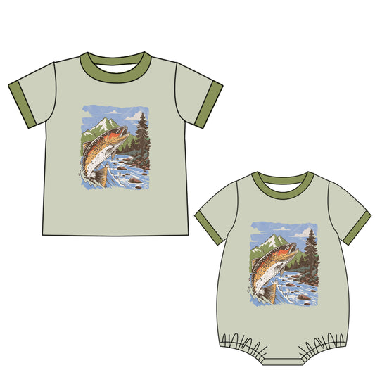 4.21 custom each style moq 5eta 4-6week Sibling Sister fish baby boy short sleeve rompers and top match family design
