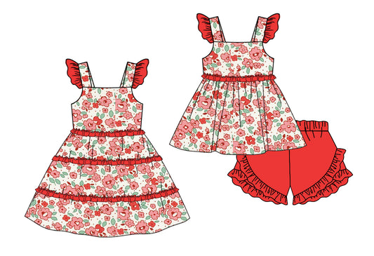 11.13 custom each style moq 5eta 4-6week Sibling Sister floral baby girl short sleeve shorts sets and dresses match design