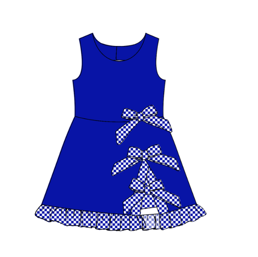 custom moq 5 mix size Baby Girls Blue Sleeveless Bow Yoga Scallop Knee Length Ruffle Dress