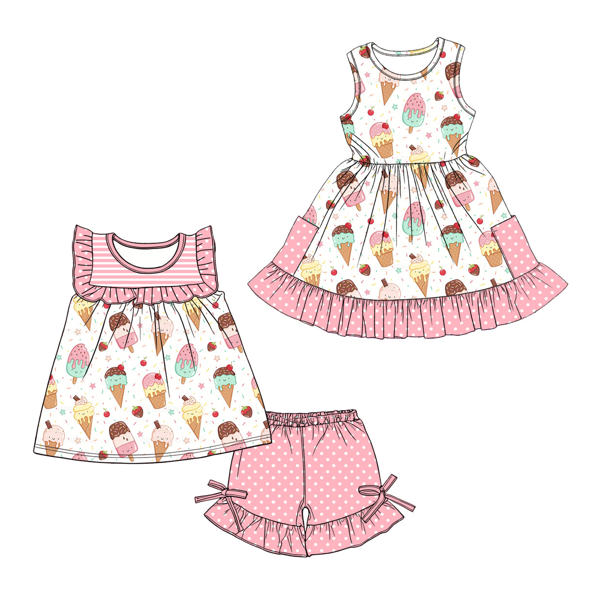 Custom moq 5 mix size Sibling Baby Girl's pink Short-Sleeved Top And Shorts Set Cute Dress for Summer