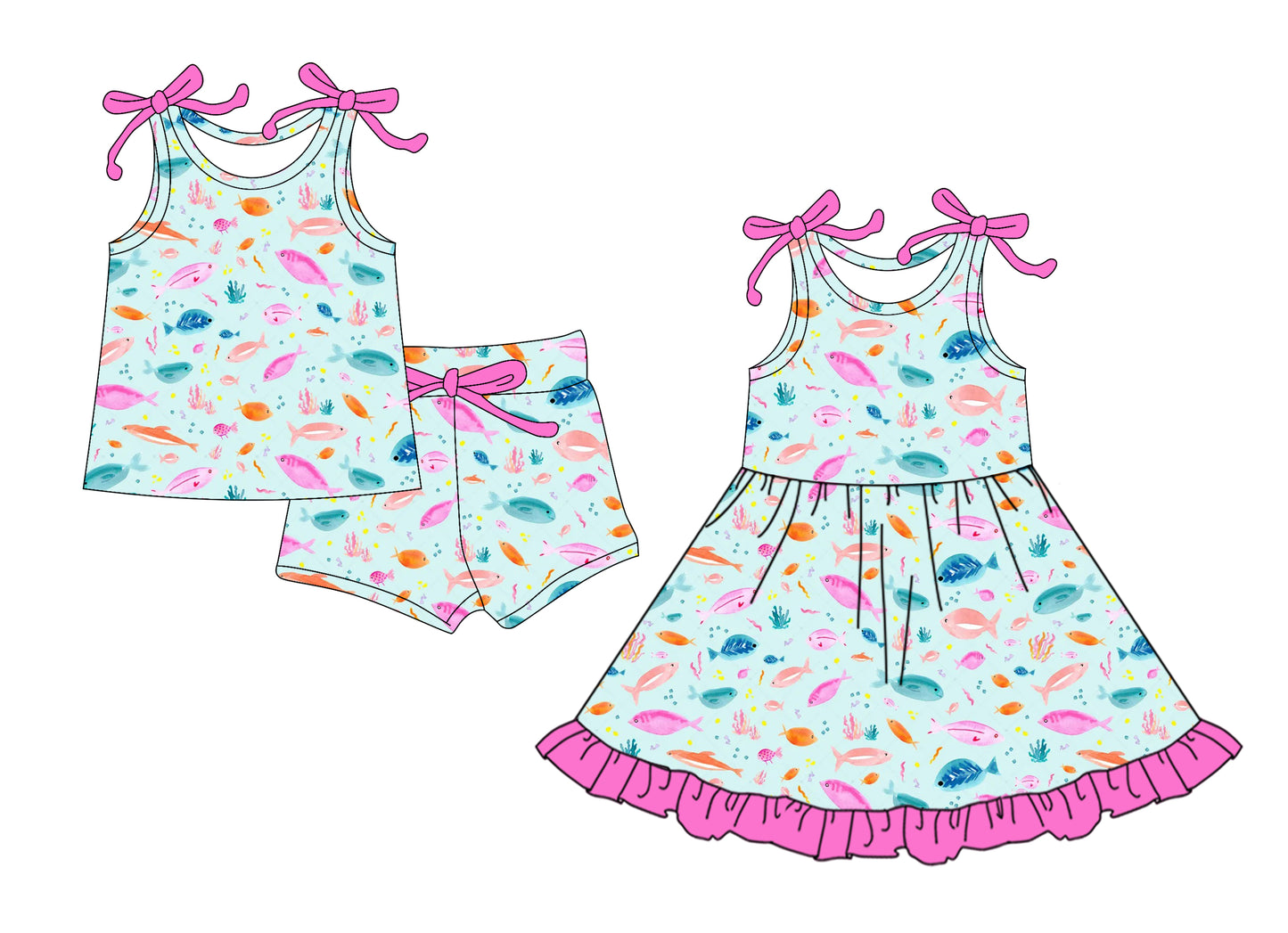 4.10 custom each style moq 5eta 4-6week Sibling Sister fish baby girl short sleeve shorts sets and dresses match design