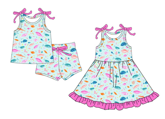 4.10 custom each style moq 5eta 4-6week Sibling Sister fish baby girl short sleeve shorts sets and dresses match design