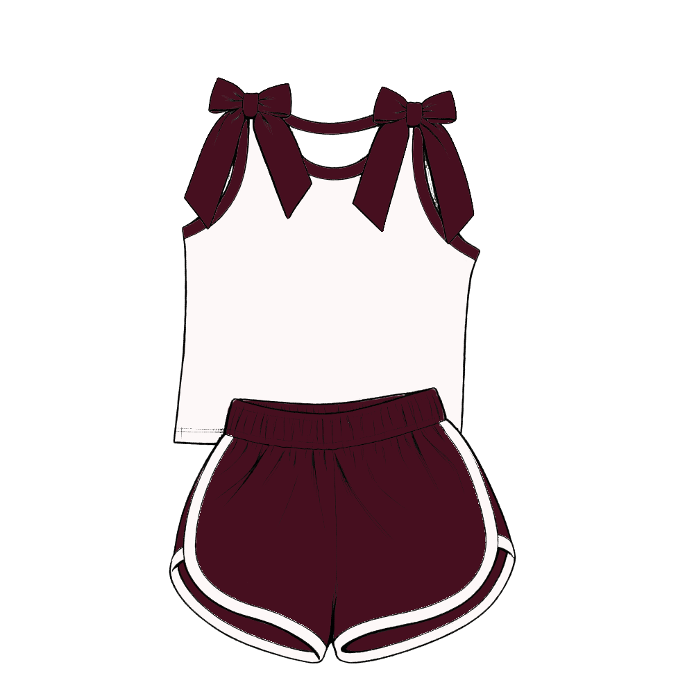 custom moq 5 mix size Baby Girls Maroon Bow Sleeveless Top Shorts Summer Casual Clothes Set