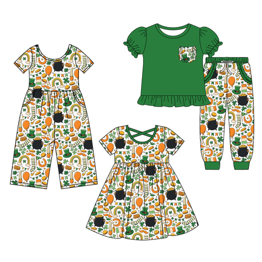 25.9.17 custom each style moq 8 eta 6-8week Sibling Sisters green baby girl short sleeve shorts sets and dress and jumpsuit match family design