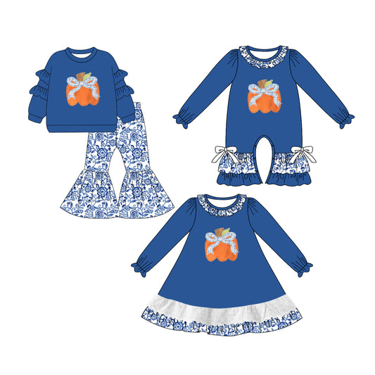 25.6.14 custom each style moq 5eta 4-6week Sibling Sisters pumpkin bow blue baby girl long sleeve pants sets and dress and rompers match family design