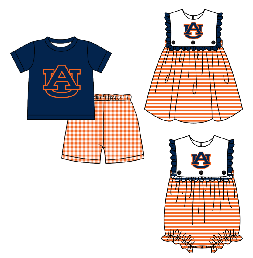 Custom moq 5 mix size milk silk summer teams Boy's Navy blue Short-Sleeved Top And Shorts Set Girl's Sleeveless Striped Dress And Romper