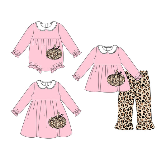25.6.25 custom each style moq 5eta 4-6week Sibling Sisters leopard pink baby girl long sleeve pants sets and dress and rompers match family design