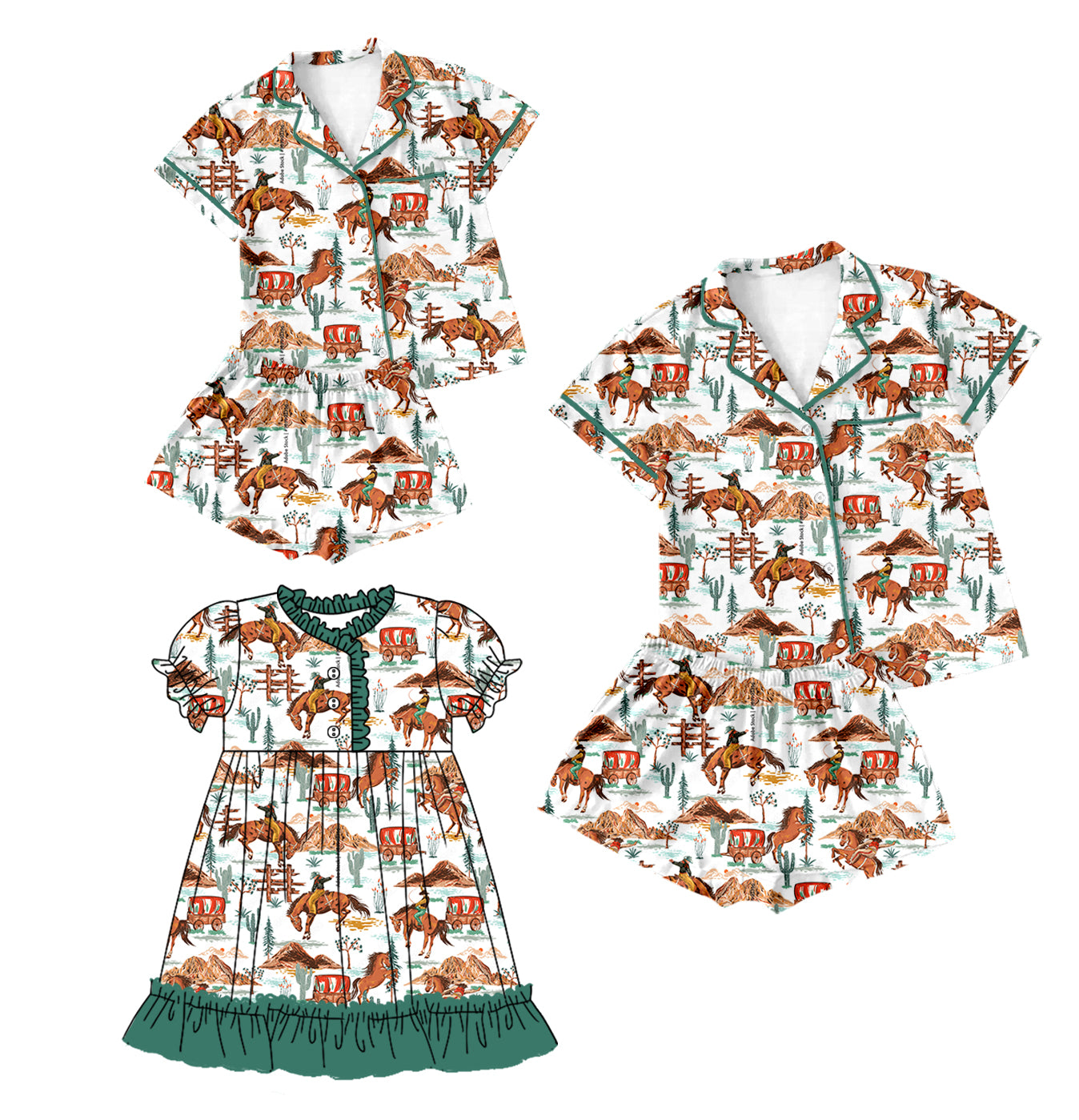 12.24 custom each style moq 5eta 4-6week Sibling Sister riding horse baby girls short sleeve shorts sets and adult sets and dress match design