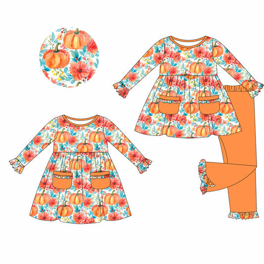 25.5.17 custom each style moq 5eta 4-6week Sibling Sisters pumpkin floral orange baby girl long sleeve pants sets and dress match family design
