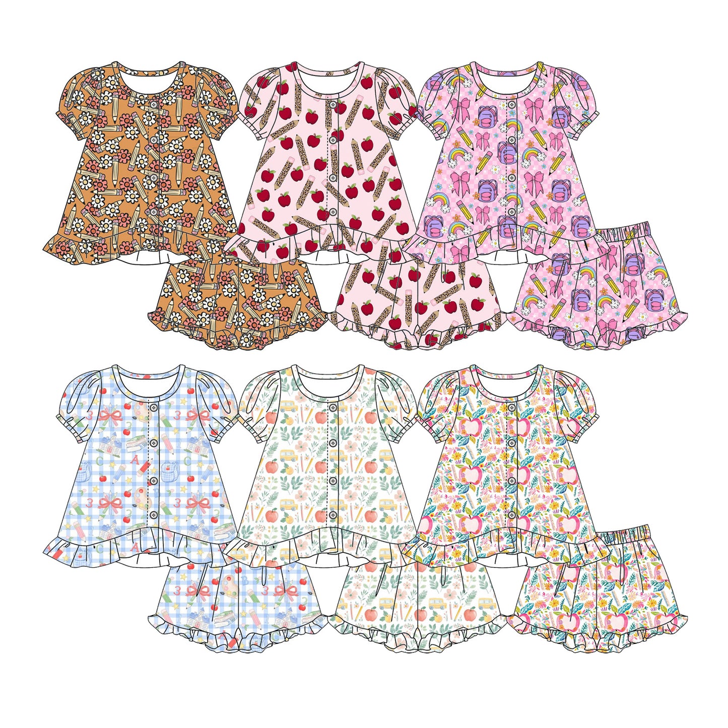 3.2 Custom moq 5 mix size Sibling Baby Girl Back To School  Short-Sleeved Top And Shorts Set Cute Clothing for Little Ones