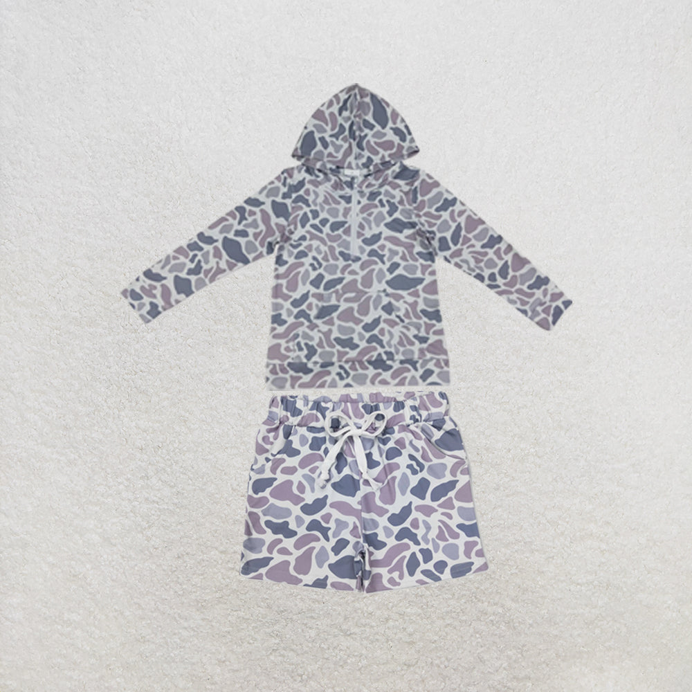 RTS NO MOQ Sibling milk silk Baby Girls Long Sleeve Grey Camo Print Hoodie Top Matching Pocket Shorts Two Piece Casual Clothes Set