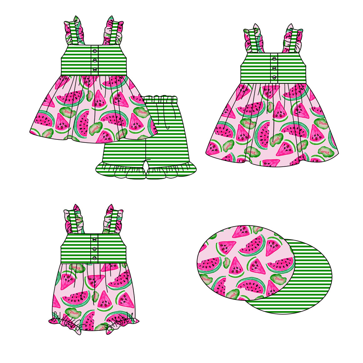 1.16 custom each style moq 5eta 4-6week Sibling Sisters watermelon baby girl short sleeve shorts sets and dress and rompers match family design