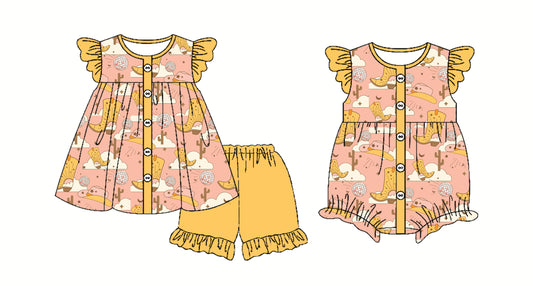 3.1 custom each style moq 5eta 4-6week Sibling Sister boot hat baby girl short sleeve shorts sets and romper match design