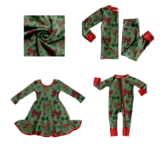 25.8.11 custom each style moq 5eta 4-6week Sibling Sisters Christmas bow green baby girl long sleeve pants sets and dress and rompers match family design
