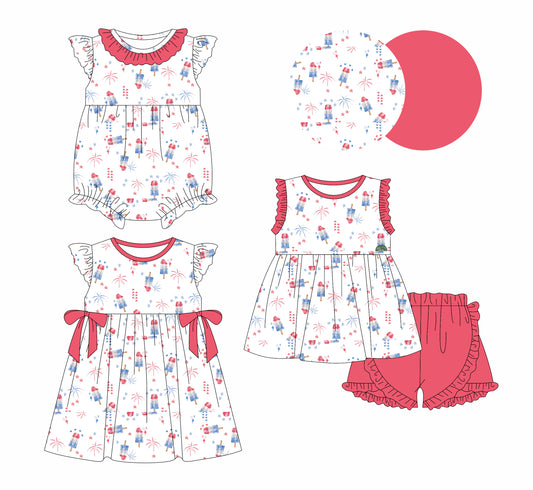 12.31 custom each style moq 5eta 4-6week Sibling Sistes firework baby girl short sleeve shorts sets and dress and rompers match family design