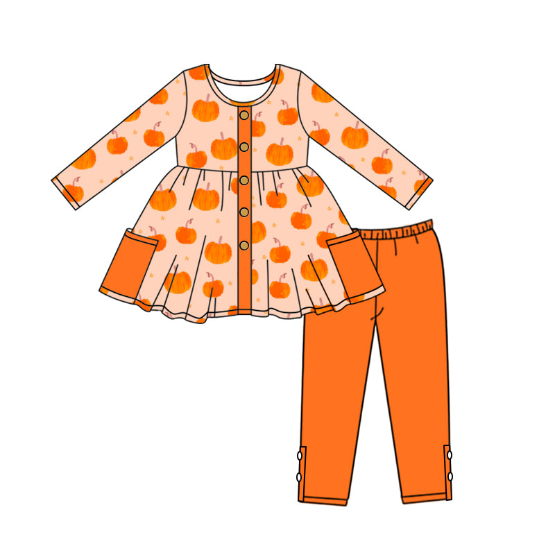 7.1 custom each style moq 5eta 4-6week Sibling Sister pumpkin orange baby girls sets and dress and rompers match family design
