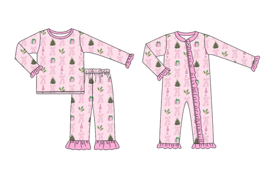 25.6.12 custom each style moq 5eta 4-6week Sibling Sisters Christmas trees bow pink baby girl long sleeve pants sets and rompers match family design