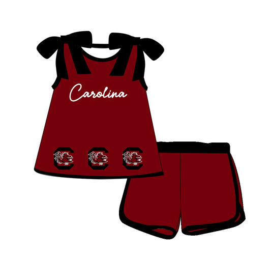 Custom moq 5 each style eta 6-8weeks baby girl clothes team dark red suspender shorts sets-25.10.14