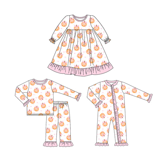 25.6.19 custom each style moq 5eta 4-6week Sibling Sisters pumpkin bow baby girl long sleeve pants sets and dress and rompers match family design