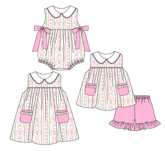 2.21 custom each style moq 5eta 4-6week Sibling Sister floral bow baby girl short sleeve shorts sets and dress and rompers match family design