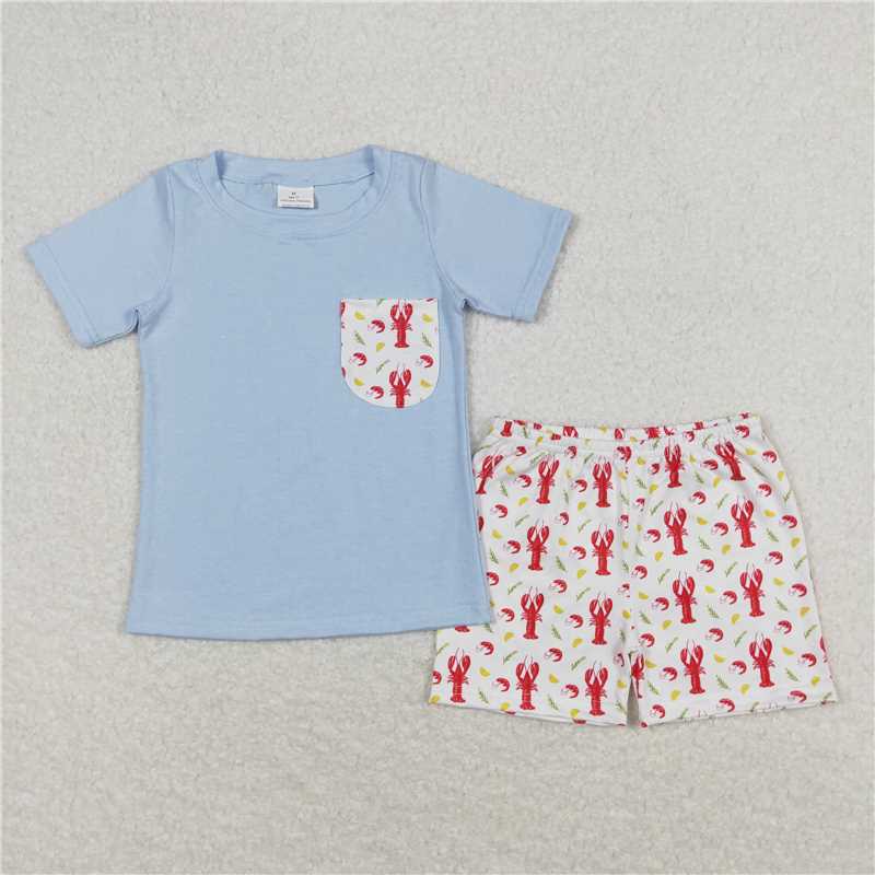 Baby Girls boys lobster prints blue plaid blue Sibling Rompers Clothes Sets