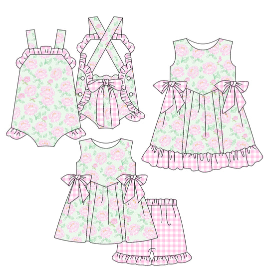 2.17 custom each style moq 5eta 4-6week Sibling Sisters floral baby girl short sleeve shorts sets and dress and rompers match family design