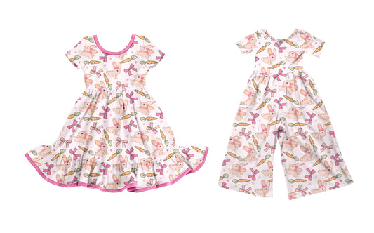 25.9.22 custom each style moq 8 eta 6-8week Sibling Sisters bunny bow baby girl long sleeve dress and jumpsuit match family design
