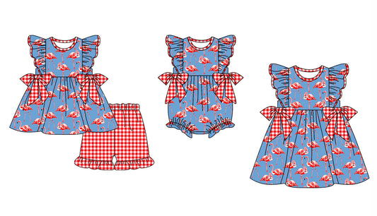 12.2 custom each style moq 5eta 4-6week Sibling Sister baby girl short sleeve shorts sets and dress and rompers match family design